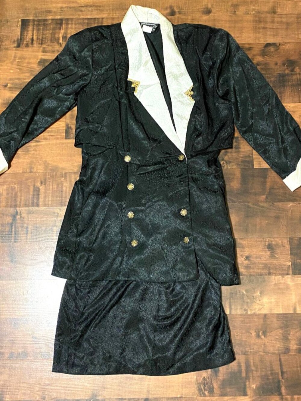 90s Vintage Frascati Black & White Blazer w/Gold & Mini Skirt Satin 2 Piece Set